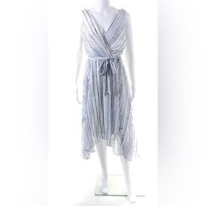 Dkny Surplice V-Neck Sleeveless Striped Chiffon Faux Wrap Midi Dress Size 14